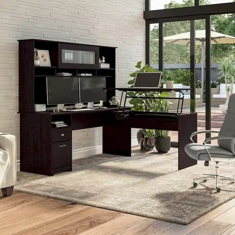 72-Inch L-Shaped Sit-to-Stand Desk with Hutch and File Drawer