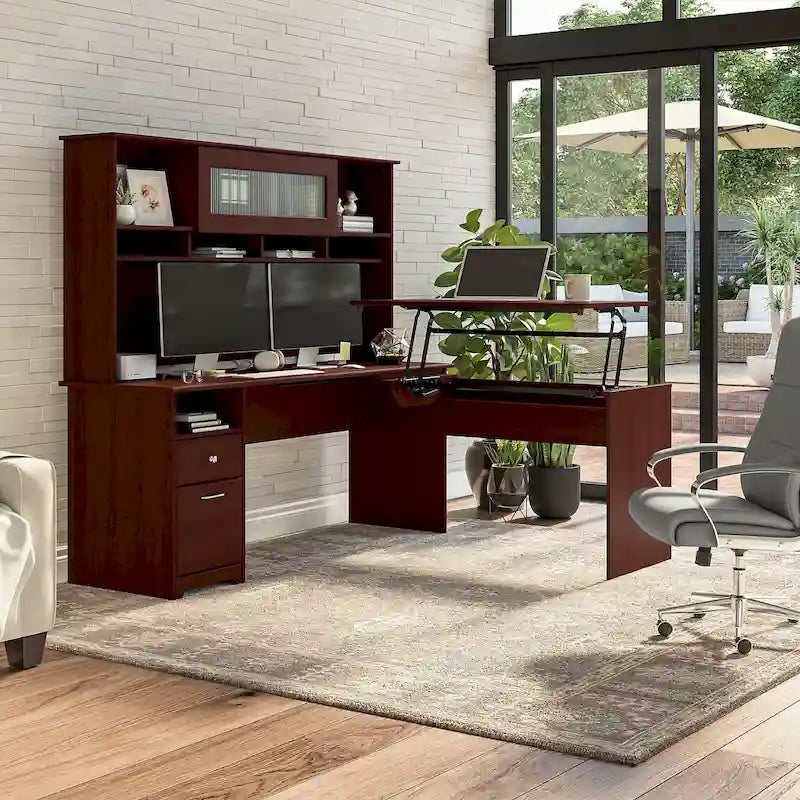 72-Inch L-Shaped Sit-to-Stand Desk with Hutch and File Drawer