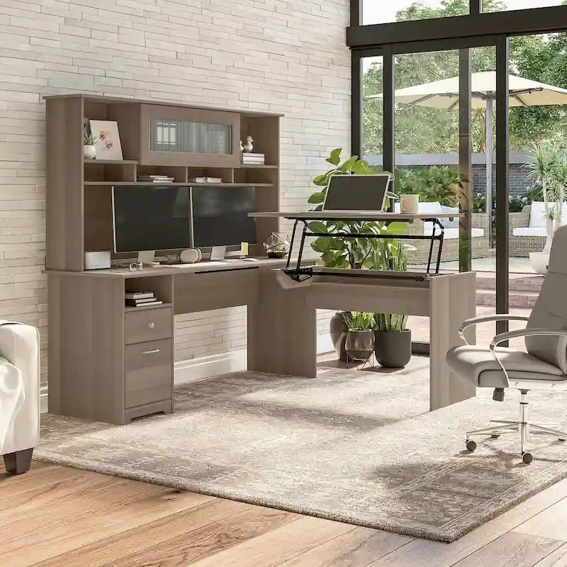 72-Inch L-Shaped Sit-to-Stand Desk with Hutch and File Drawer