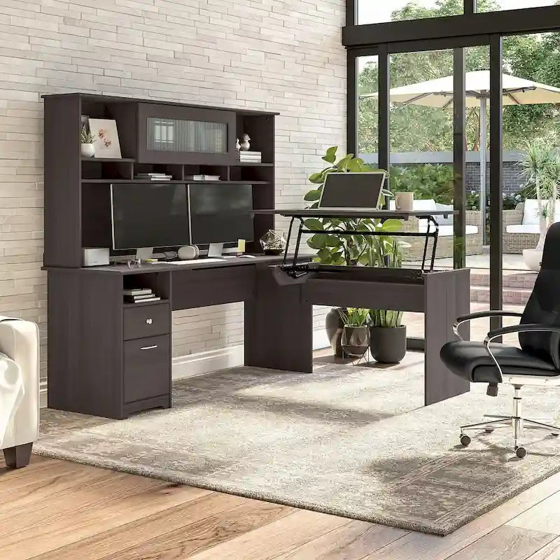 72-Inch L-Shaped Sit-to-Stand Desk with Hutch and File Drawer