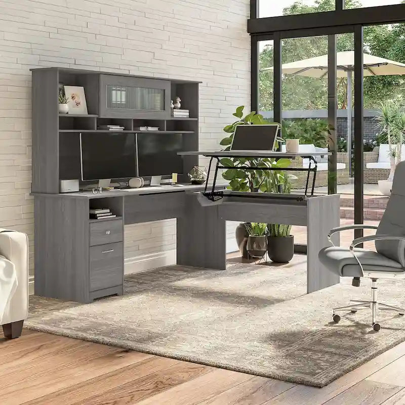 72-Inch L-Shaped Sit-to-Stand Desk with Hutch and File Drawer