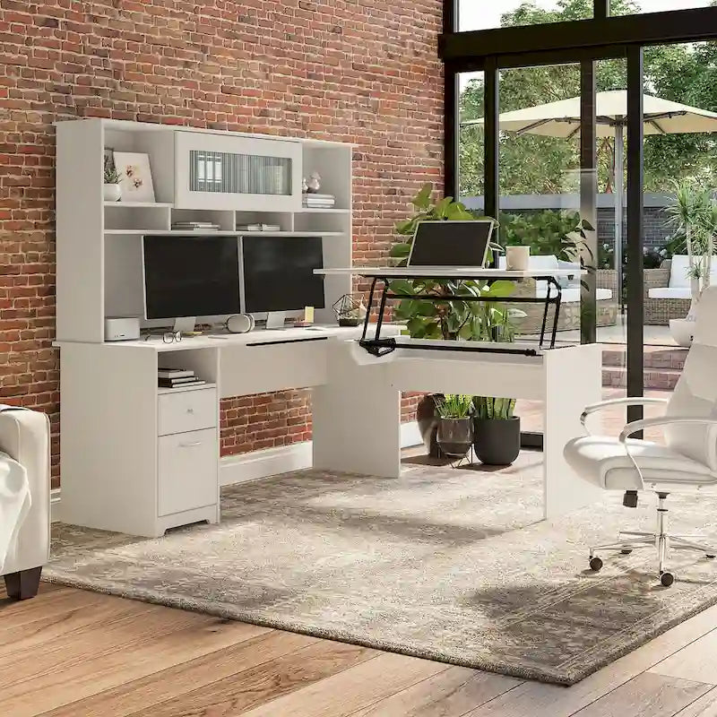 72-Inch L-Shaped Sit-to-Stand Desk with Hutch and File Drawer