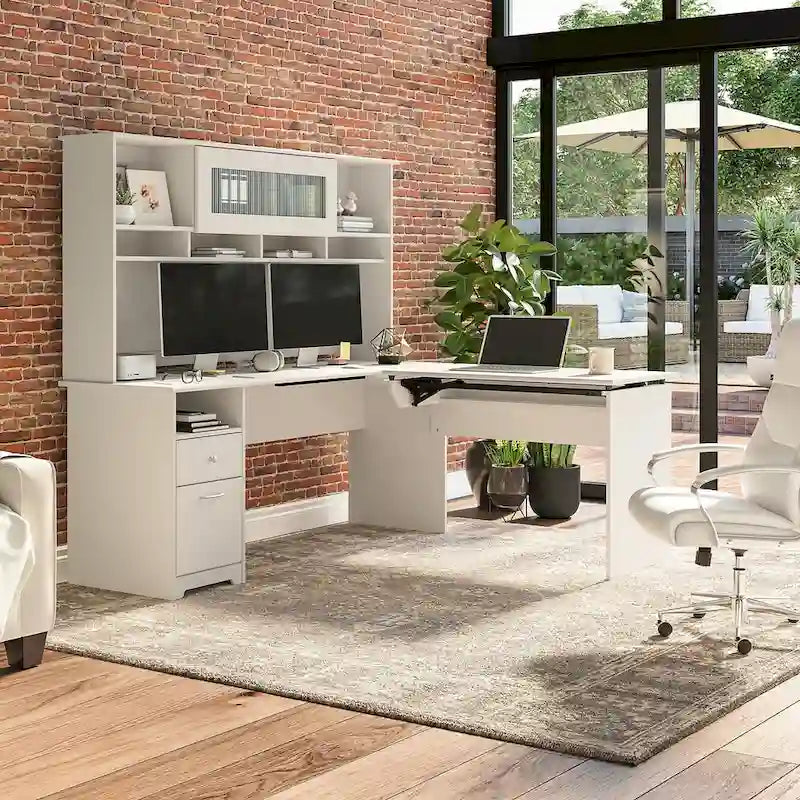 72-Inch L-Shaped Sit-to-Stand Desk with Hutch and File Drawer