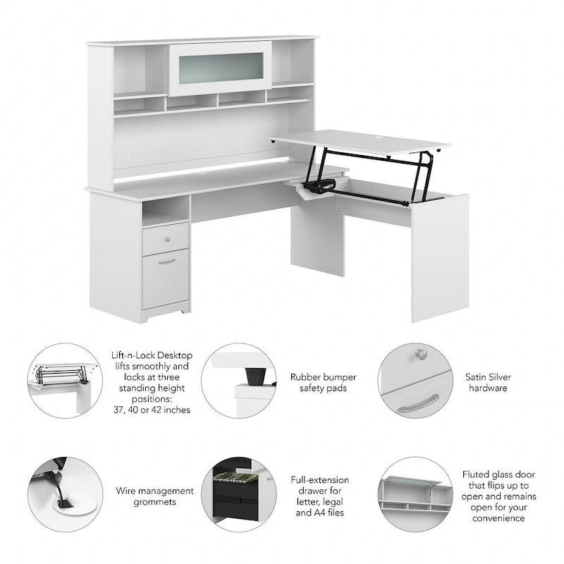 72-Inch L-Shaped Sit-to-Stand Desk with Hutch and File Drawer