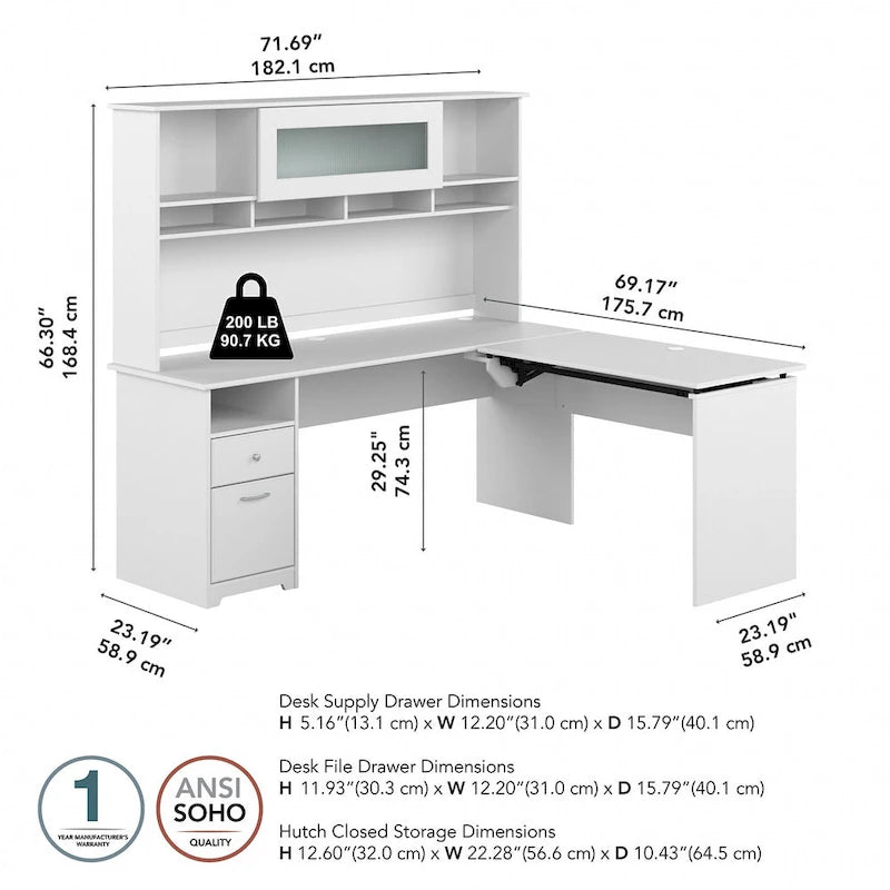 72-Inch L-Shaped Sit-to-Stand Desk with Hutch and File Drawer