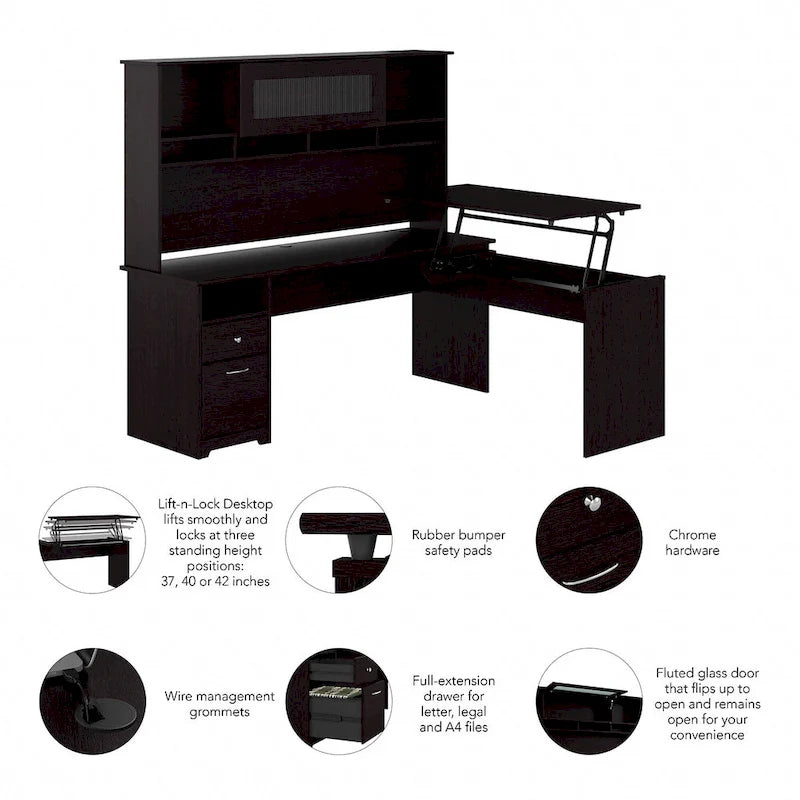 72-Inch L-Shaped Sit-to-Stand Desk with Hutch and File Drawer