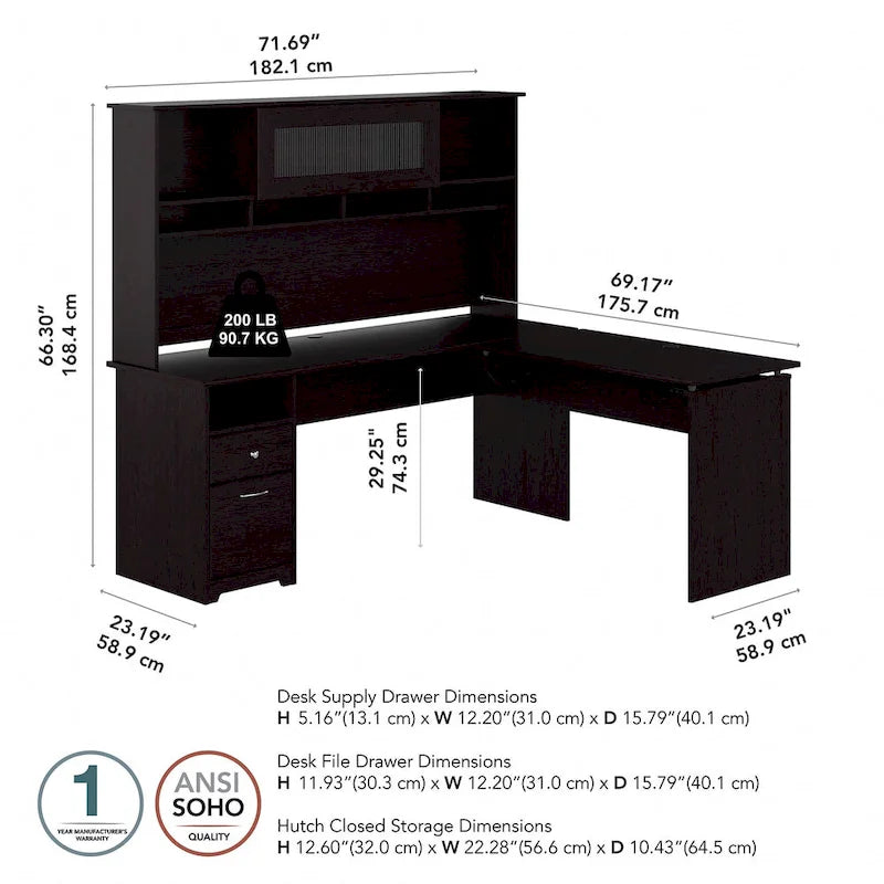 72-Inch L-Shaped Sit-to-Stand Desk with Hutch and File Drawer