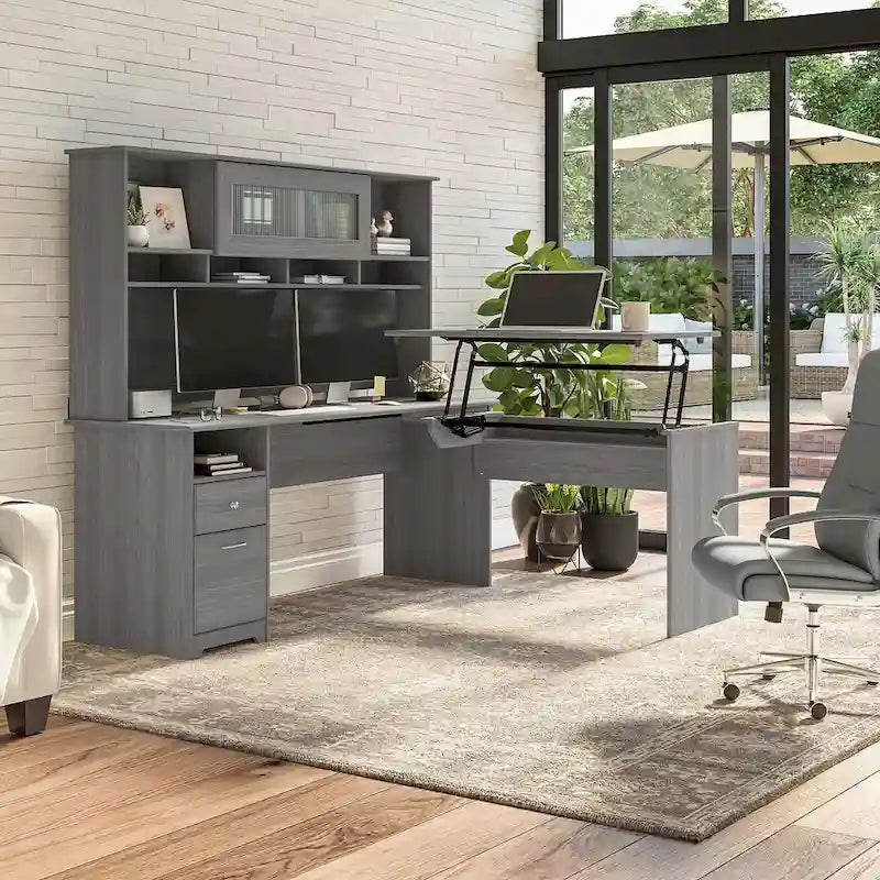 72-Inch L-Shaped Sit-to-Stand Desk with Hutch and File Drawer