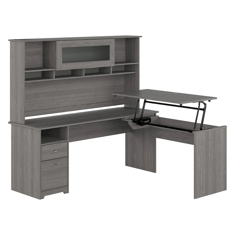 72-Inch L-Shaped Sit-to-Stand Desk with Hutch and File Drawer