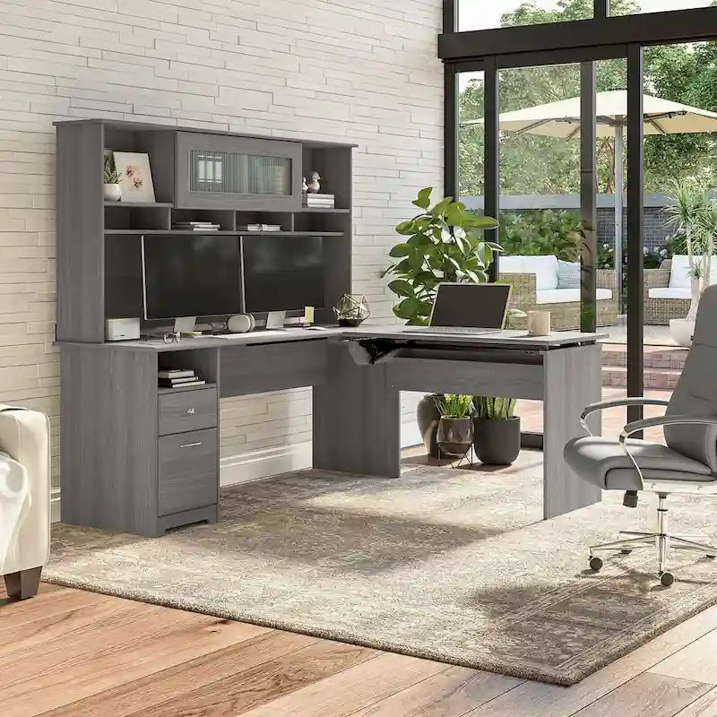 72-Inch L-Shaped Sit-to-Stand Desk with Hutch and File Drawer