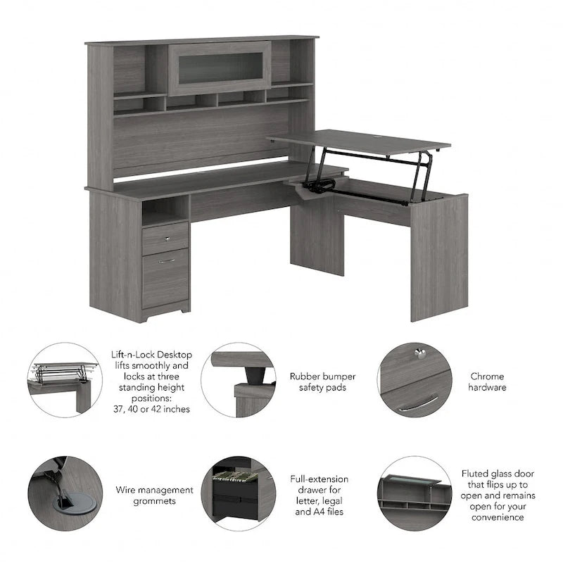 72-Inch L-Shaped Sit-to-Stand Desk with Hutch and File Drawer