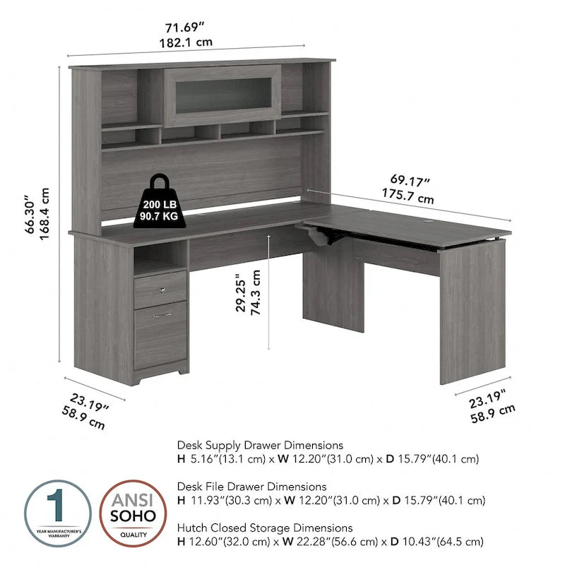 72-Inch L-Shaped Sit-to-Stand Desk with Hutch and File Drawer