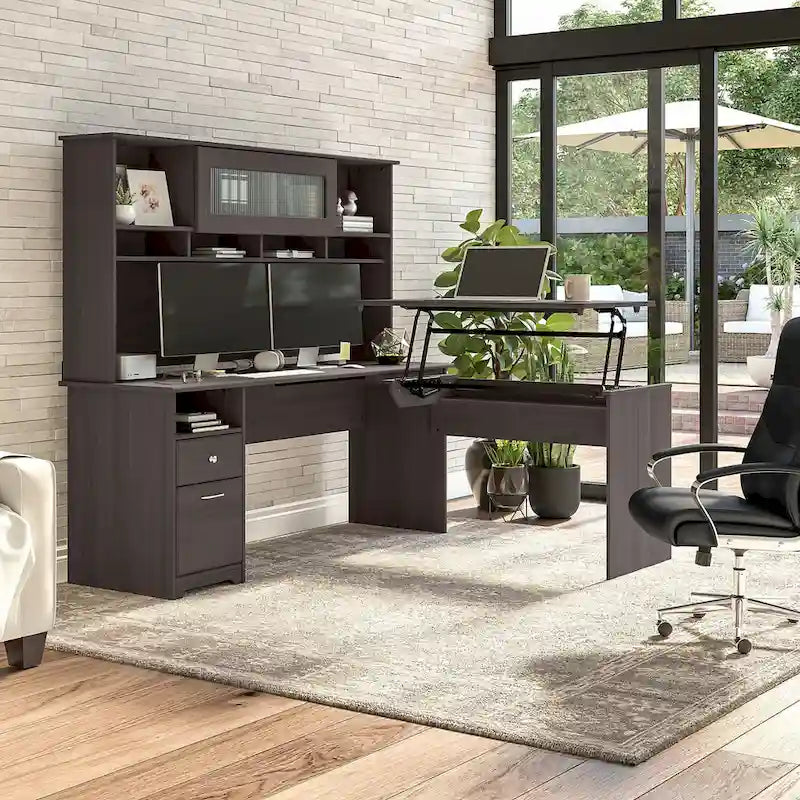 72-Inch L-Shaped Sit-to-Stand Desk with Hutch and File Drawer