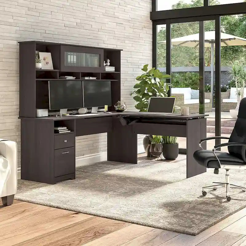 72-Inch L-Shaped Sit-to-Stand Desk with Hutch and File Drawer