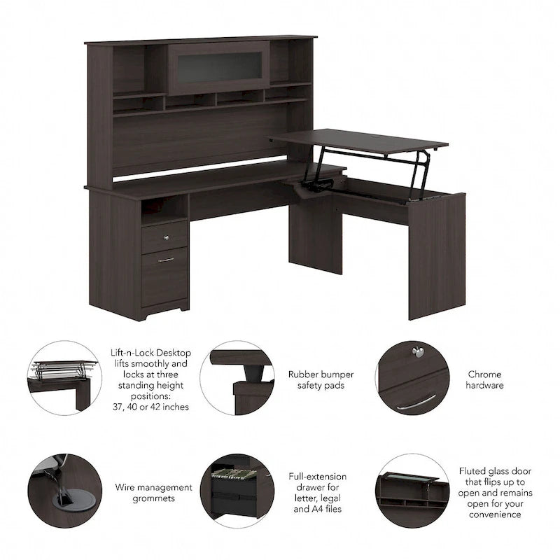 72-Inch L-Shaped Sit-to-Stand Desk with Hutch and File Drawer