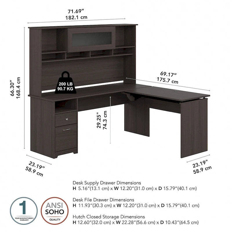 72-Inch L-Shaped Sit-to-Stand Desk with Hutch and File Drawer