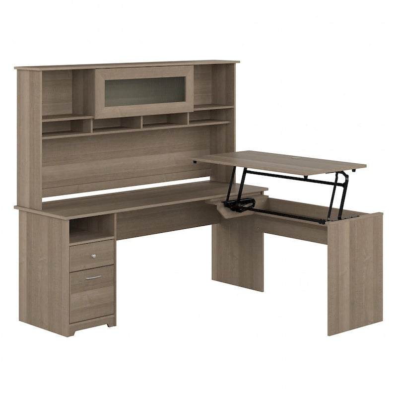 72-Inch L-Shaped Sit-to-Stand Desk with Hutch and File Drawer