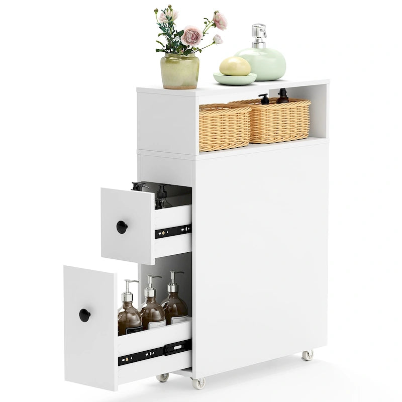 Narrow Bathroom Toilet Side Storage Cabinet with Sliding Drawers and Wheels