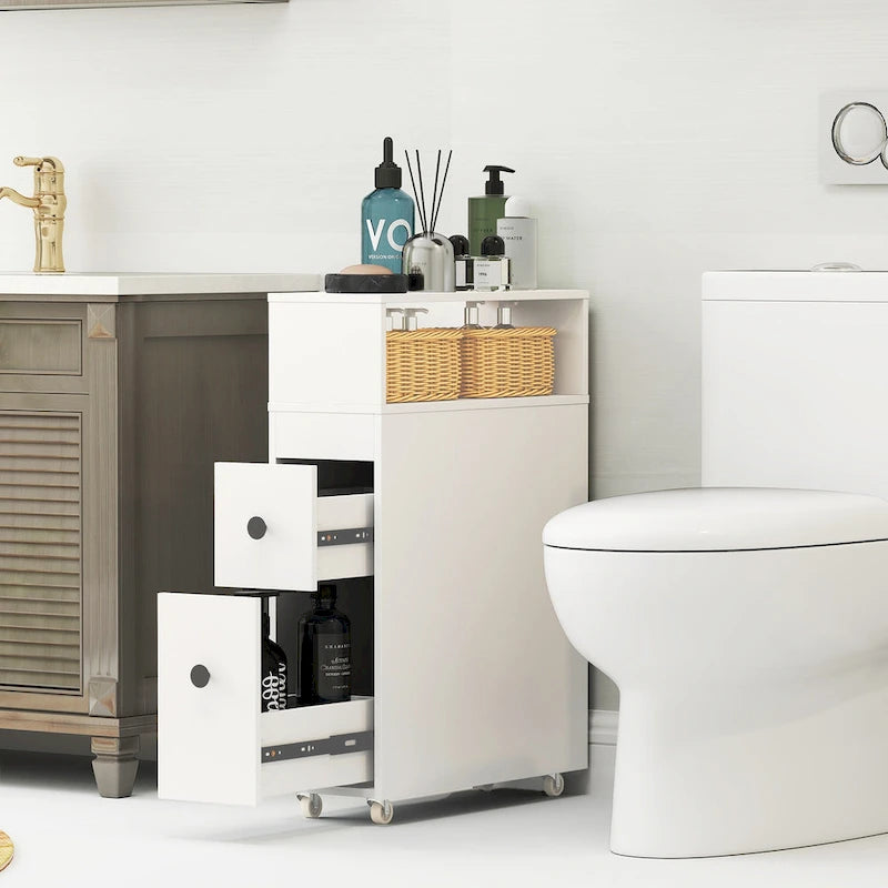 Narrow Bathroom Toilet Side Storage Cabinet with Sliding Drawers and Wheels
