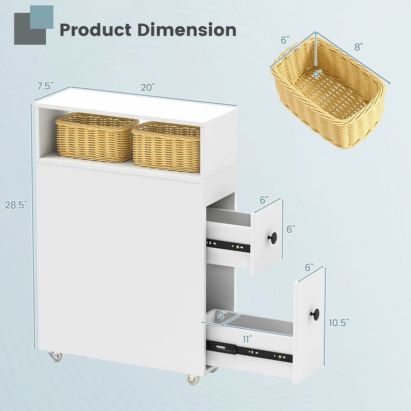 Narrow Bathroom Toilet Side Storage Cabinet with Sliding Drawers and Wheels