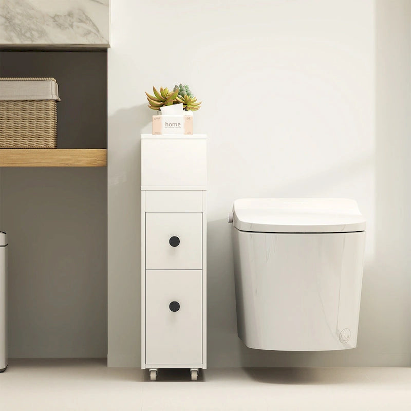 Narrow Bathroom Toilet Side Storage Cabinet with Sliding Drawers and Wheels