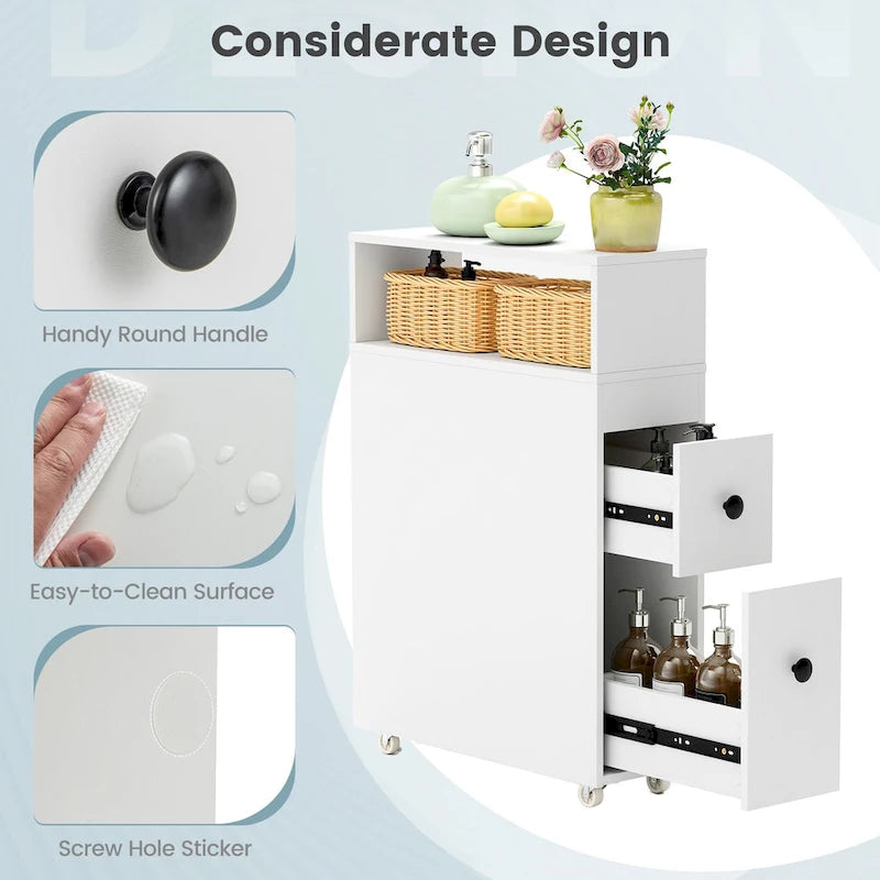 Narrow Bathroom Toilet Side Storage Cabinet with Sliding Drawers and Wheels