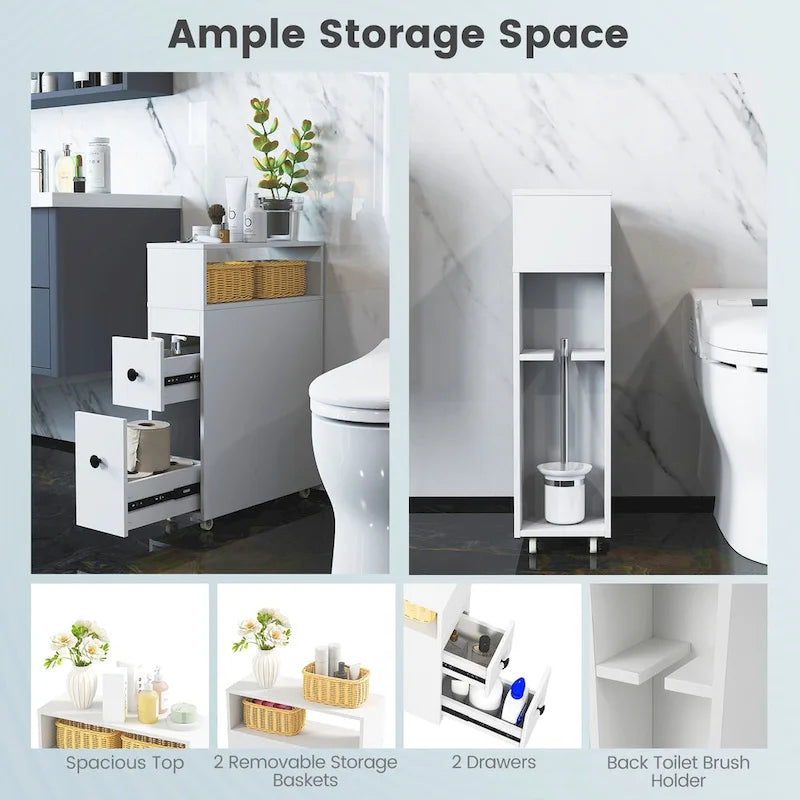 Narrow Bathroom Toilet Side Storage Cabinet with Sliding Drawers and Wheels