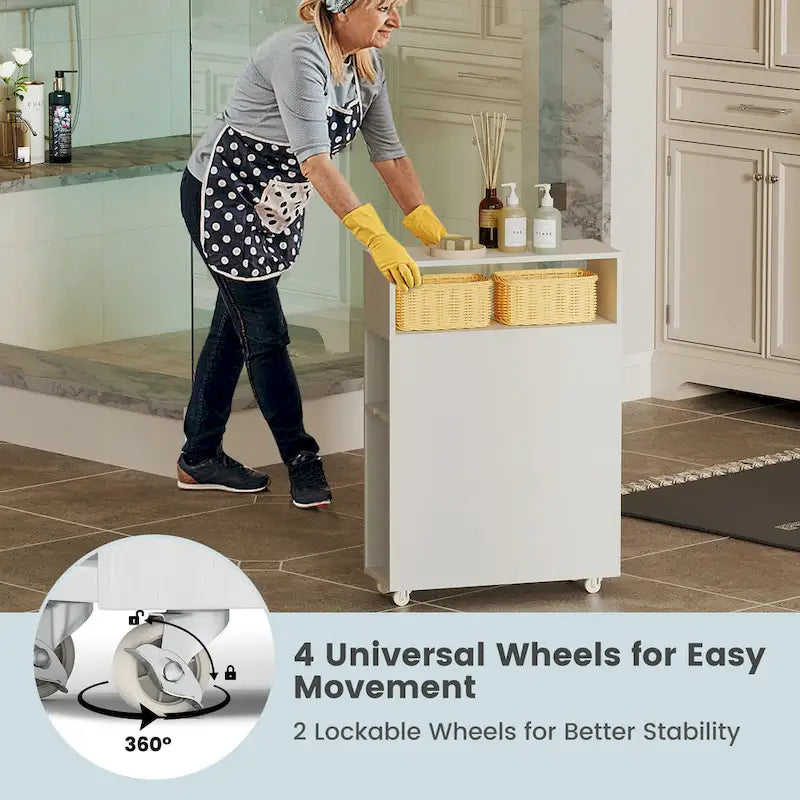 Narrow Bathroom Toilet Side Storage Cabinet with Sliding Drawers and Wheels