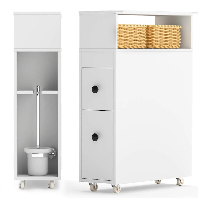 Narrow Bathroom Toilet Side Storage Cabinet with Sliding Drawers and Wheels