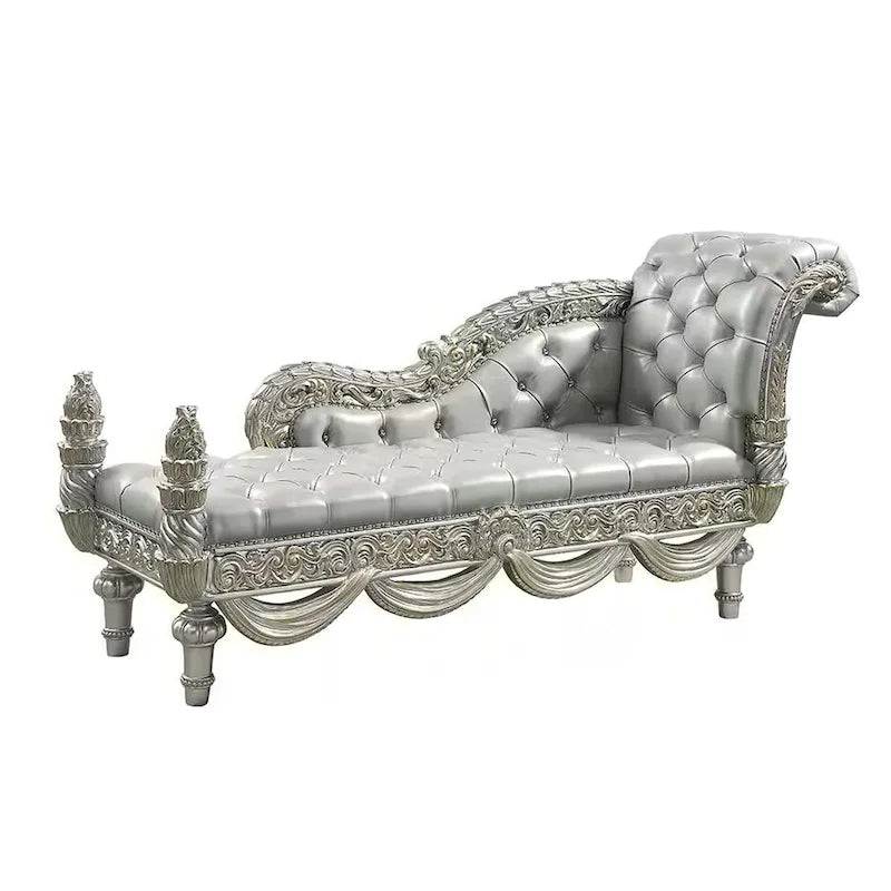 82-Inch Chaise Bench, Beige Faux Leather, Antique Silver Wood Frame