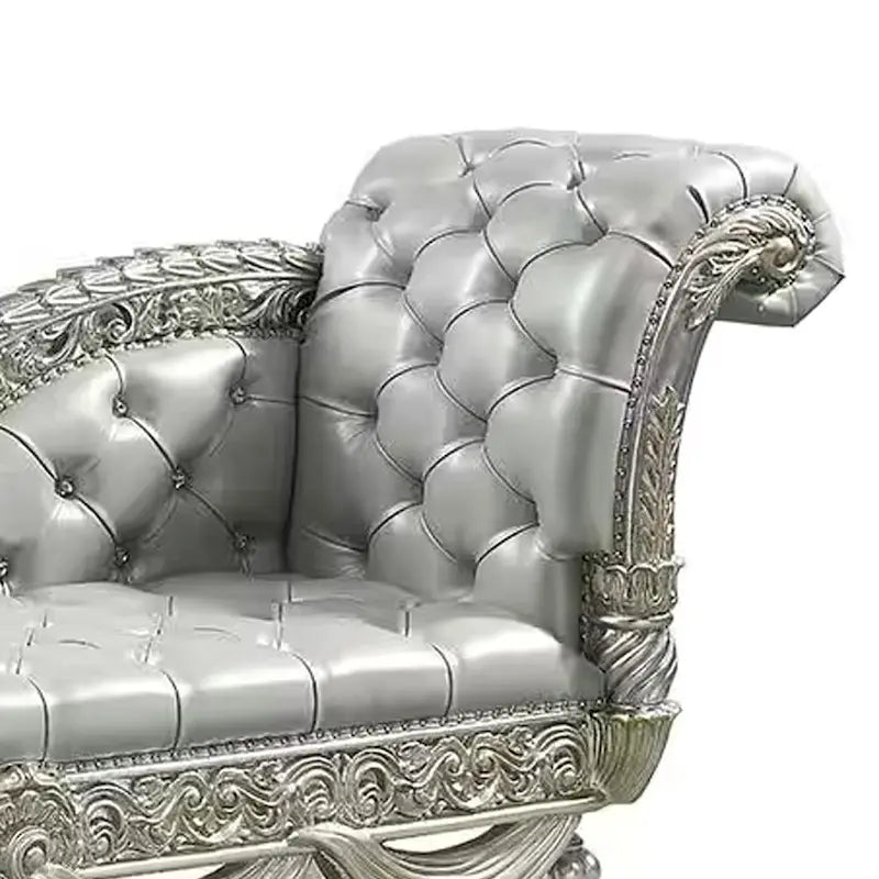 82-Inch Chaise Bench, Beige Faux Leather, Antique Silver Wood Frame