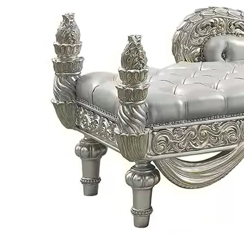 82-Inch Chaise Bench, Beige Faux Leather, Antique Silver Wood Frame