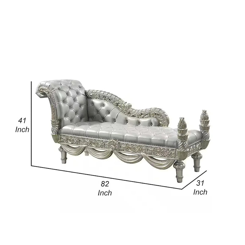 82-Inch Chaise Bench, Beige Faux Leather, Antique Silver Wood Frame