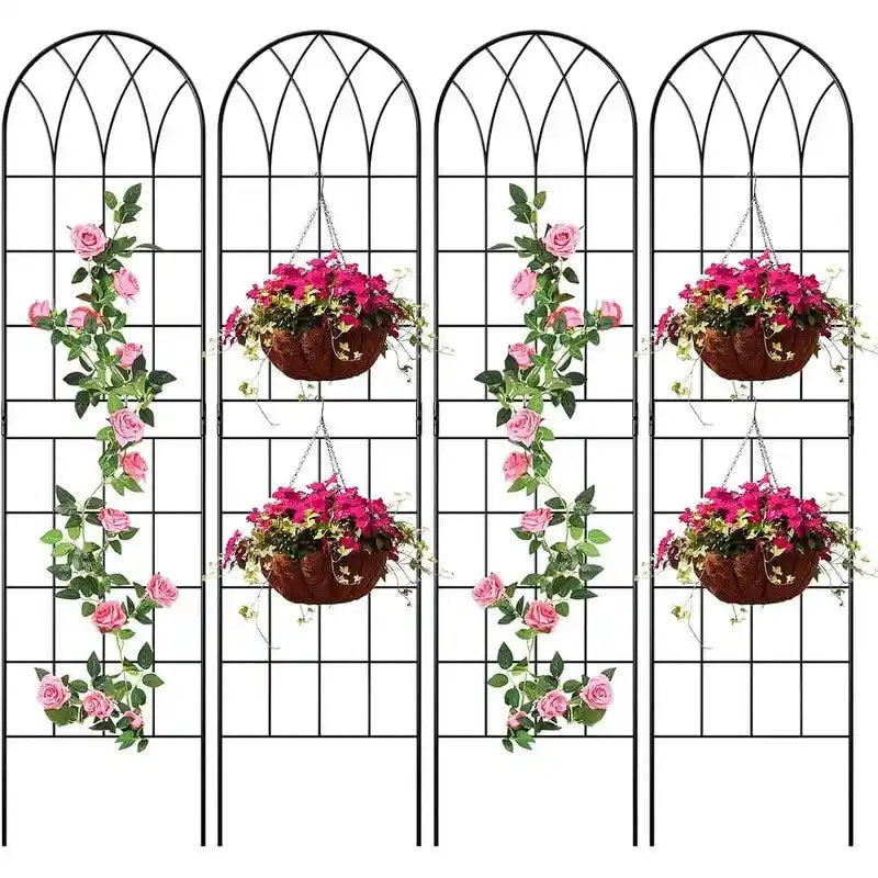 Garden Trellis Panel Set of 4, Decorative Metal Trellis with Hanging Baskets for Climbing Plants