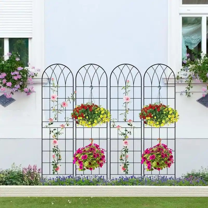 Garden Trellis Panel Set of 4, Decorative Metal Trellis with Hanging Baskets for Climbing Plants