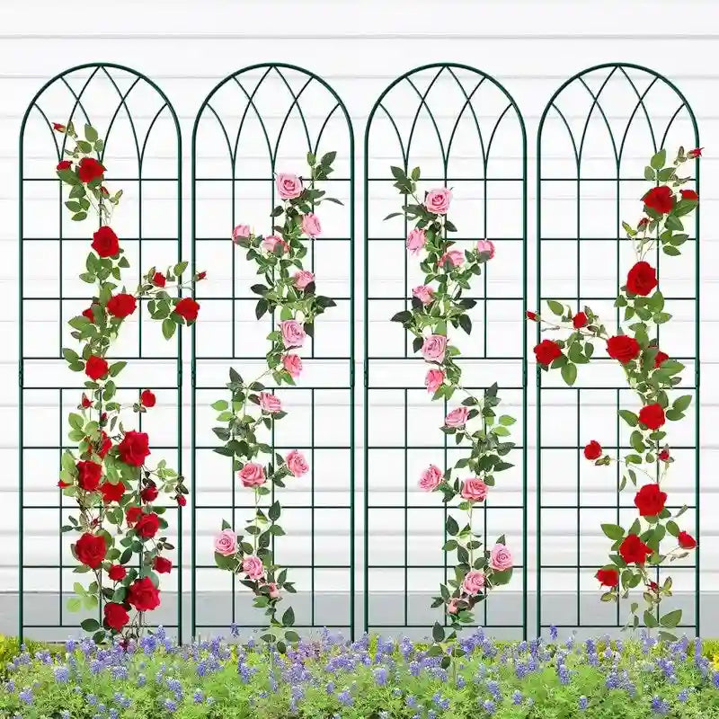Garden Trellis Panel Set of 4, Decorative Metal Trellis with Hanging Baskets for Climbing Plants