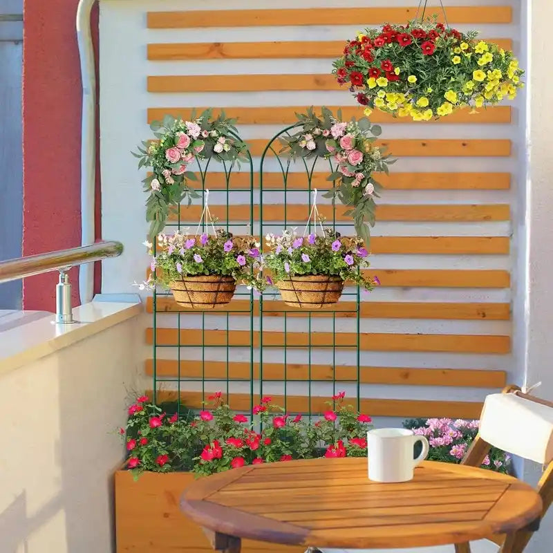 Garden Trellis Panel Set of 4, Decorative Metal Trellis with Hanging Baskets for Climbing Plants