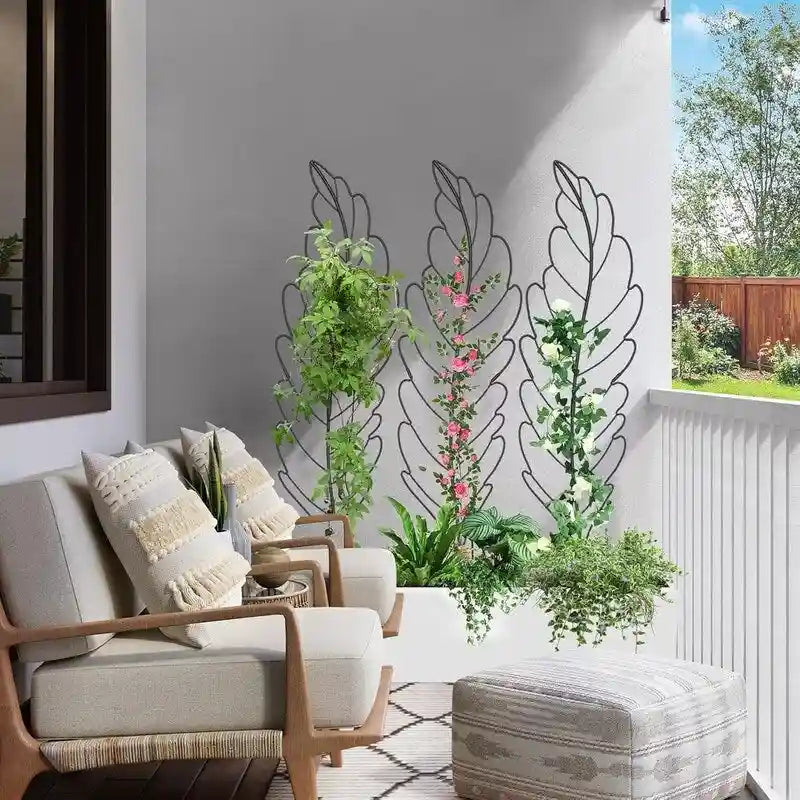 Garden Trellis Panel Set of 4, Decorative Metal Trellis with Hanging Baskets for Climbing Plants