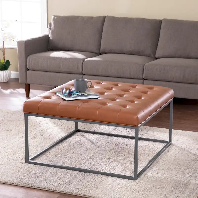 Faux Leather Tufted Ottoman with Steel Sled Base, 34 x 34 Inches