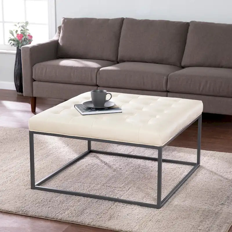 Faux Leather Tufted Ottoman with Steel Sled Base, 34 x 34 Inches