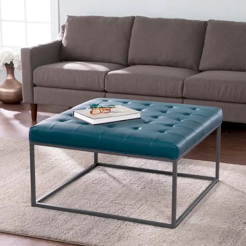 Faux Leather Tufted Ottoman with Steel Sled Base, 34 x 34 Inches