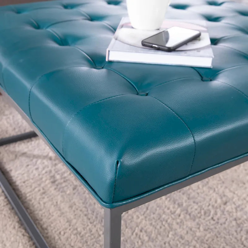 Faux Leather Tufted Ottoman with Steel Sled Base, 34 x 34 Inches