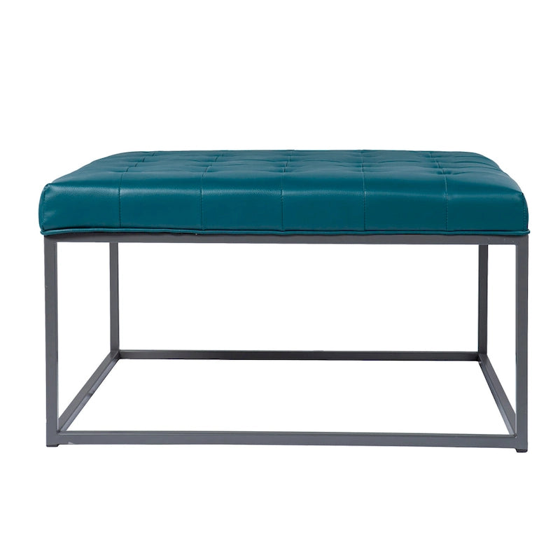 Faux Leather Tufted Ottoman with Steel Sled Base, 34 x 34 Inches