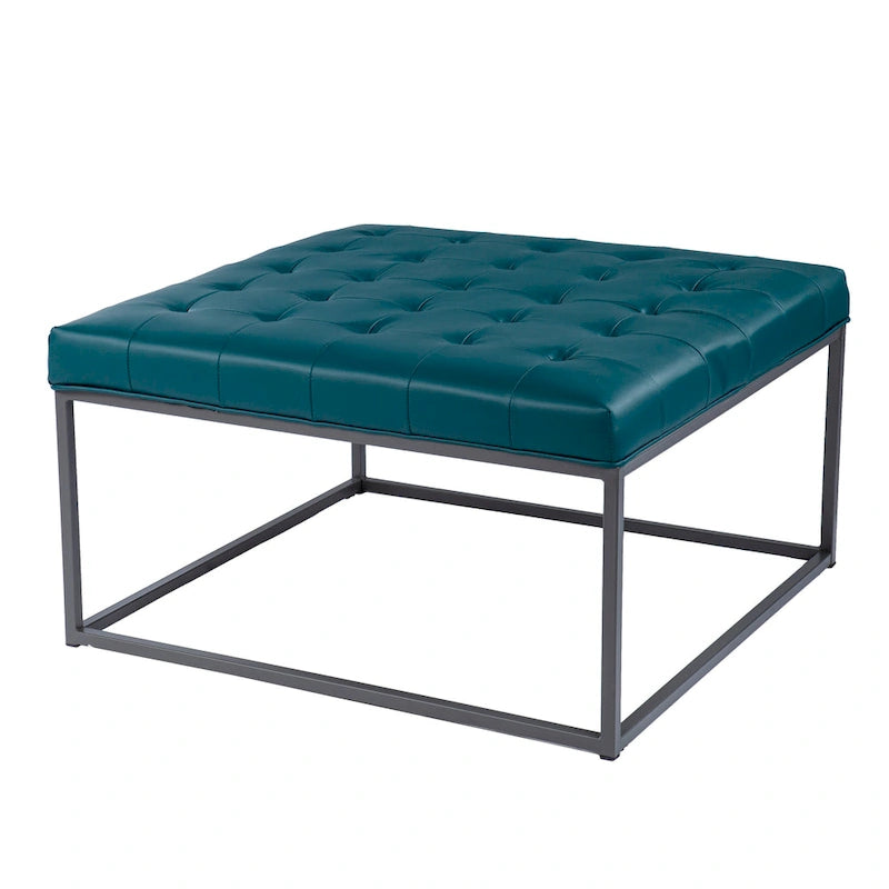 Faux Leather Tufted Ottoman with Steel Sled Base, 34 x 34 Inches