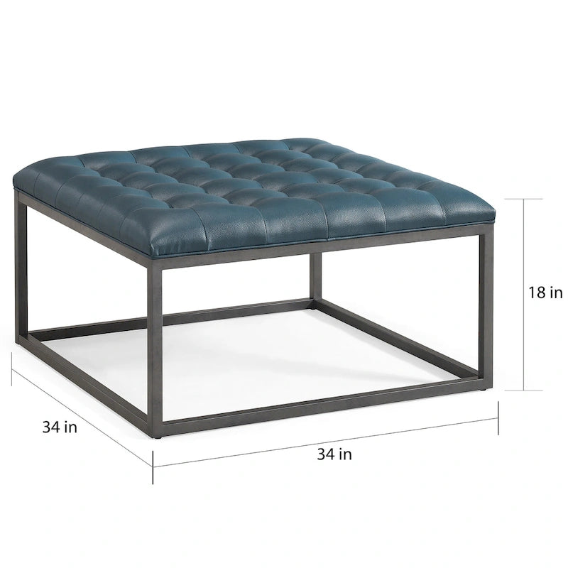 Faux Leather Tufted Ottoman with Steel Sled Base, 34 x 34 Inches