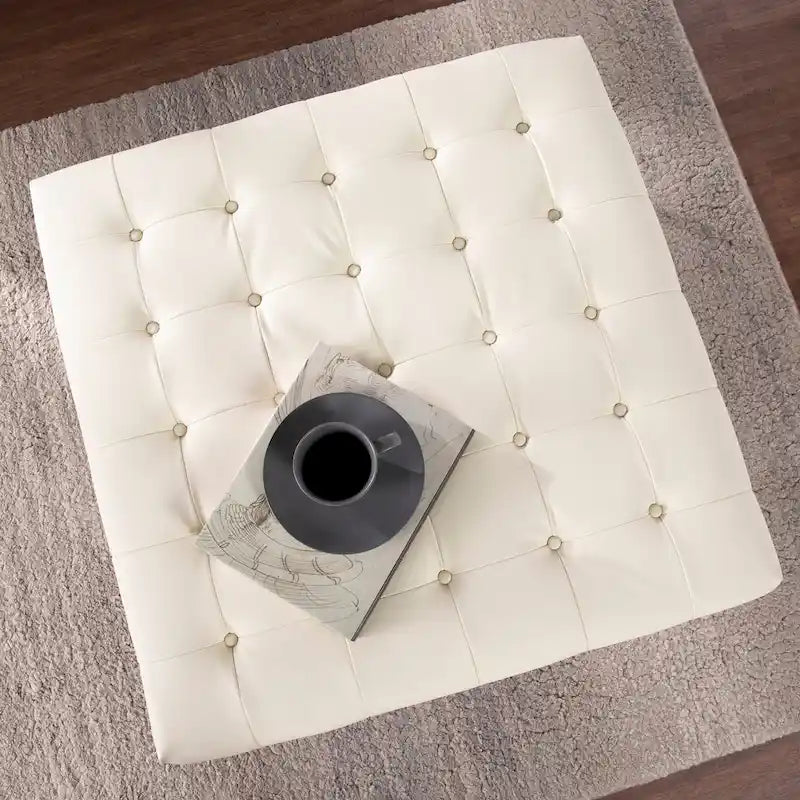 Faux Leather Tufted Ottoman with Steel Sled Base, 34 x 34 Inches