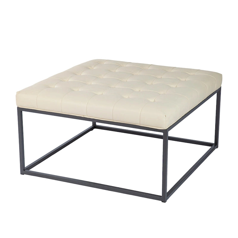 Faux Leather Tufted Ottoman with Steel Sled Base, 34 x 34 Inches