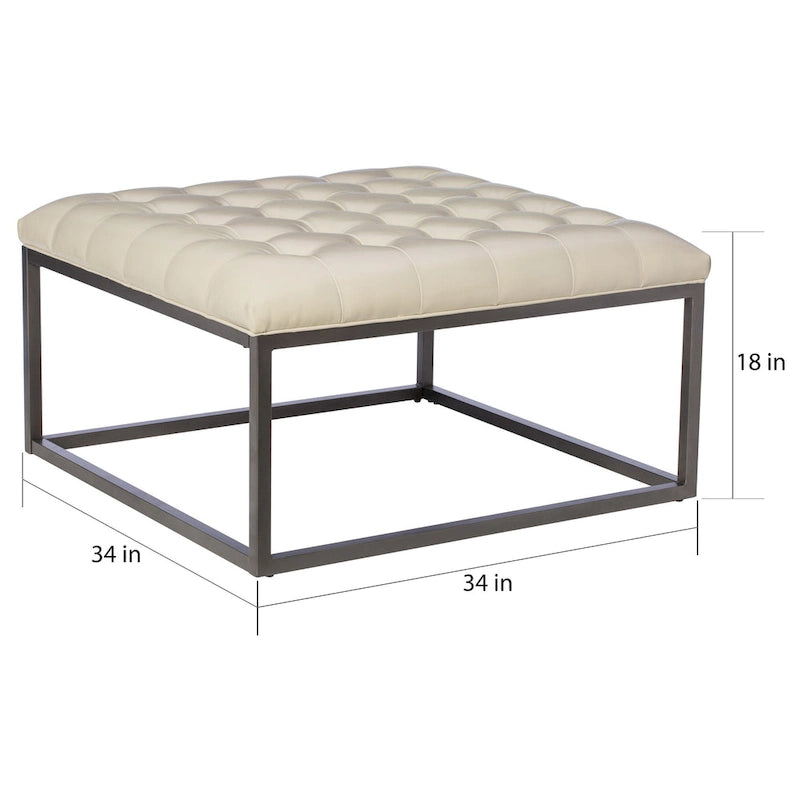 Faux Leather Tufted Ottoman with Steel Sled Base, 34 x 34 Inches