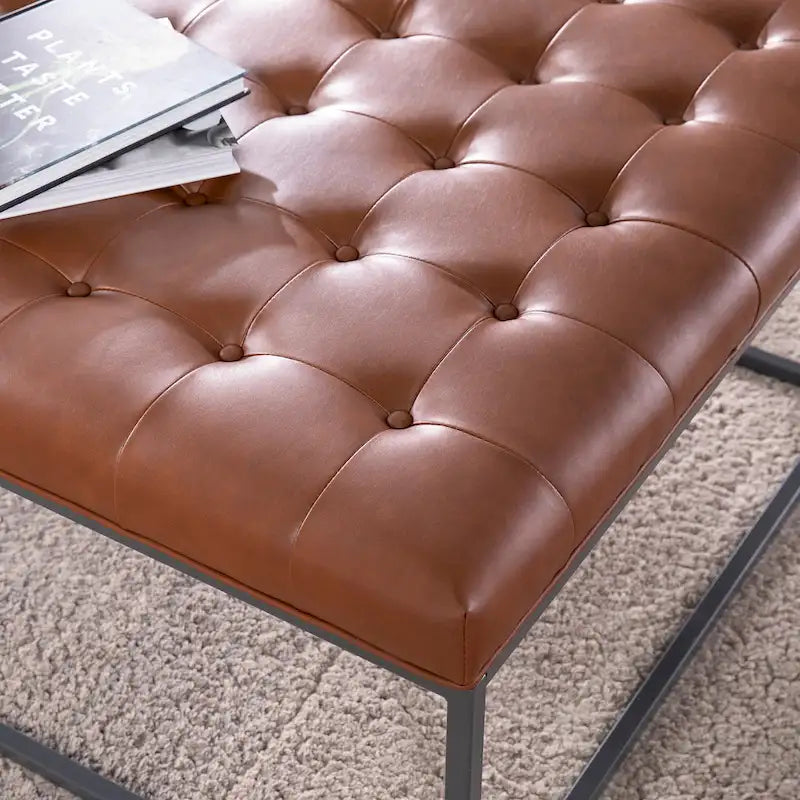 Faux Leather Tufted Ottoman with Steel Sled Base, 34 x 34 Inches