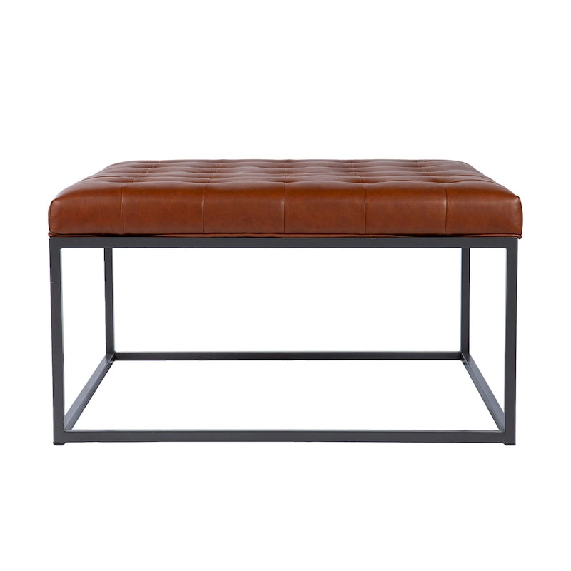 Faux Leather Tufted Ottoman with Steel Sled Base, 34 x 34 Inches